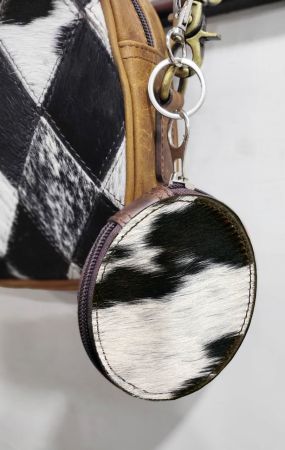Black &amp; White Hair on Cowhide Round Clip Key-chain Wallet Pouch #3